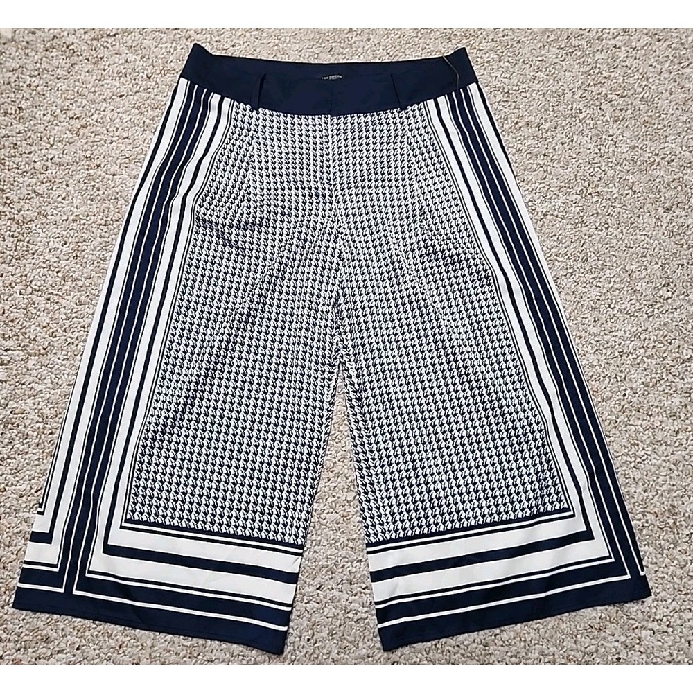 Ann Taylor Navy White Geometric Border Print Wide Leg Crop Pants Culottes 8‎